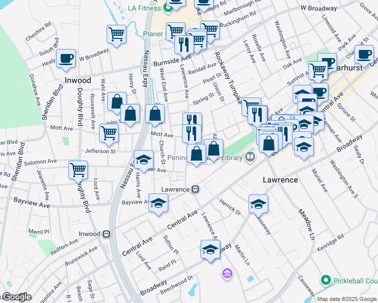 map of restaurants, bars, coffee shops, grocery stores, and more near 212 Mill Street in Lawrence