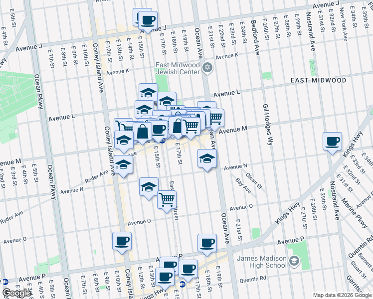 map of restaurants, bars, coffee shops, grocery stores, and more near 1350 East 18th Street in Brooklyn