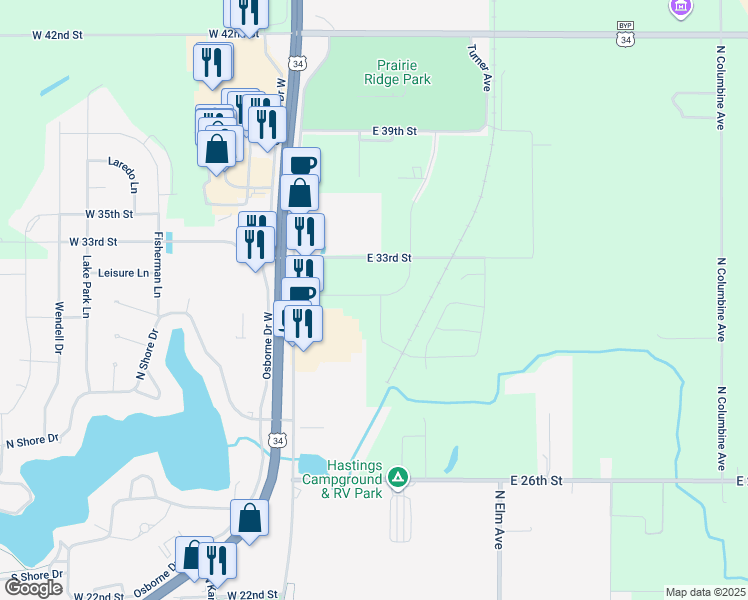 map of restaurants, bars, coffee shops, grocery stores, and more near 3000 Osborne Drive East in Hastings