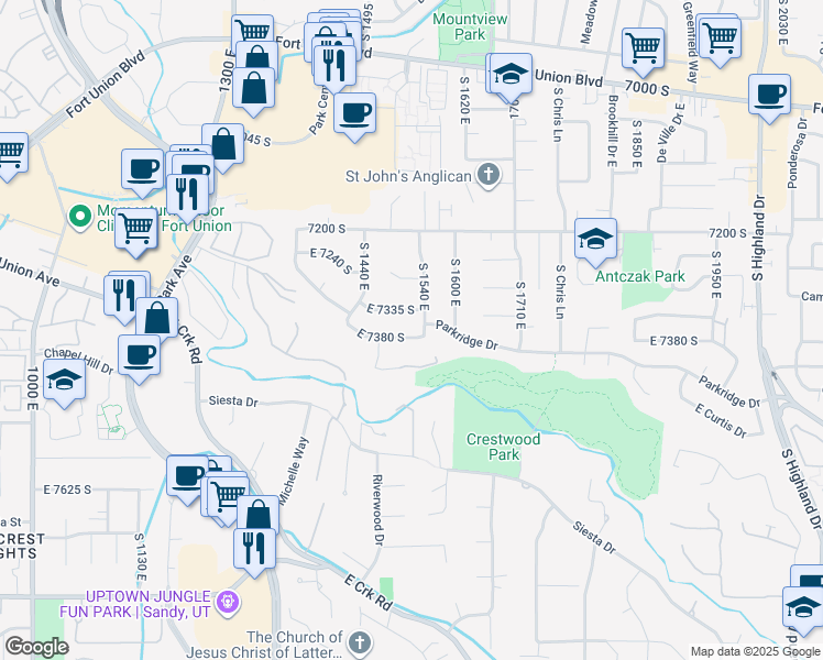 map of restaurants, bars, coffee shops, grocery stores, and more near 1521 East 7380 South in Cottonwood Heights