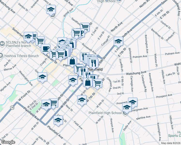 map of restaurants, bars, coffee shops, grocery stores, and more near 140 East 5th Street in Plainfield
