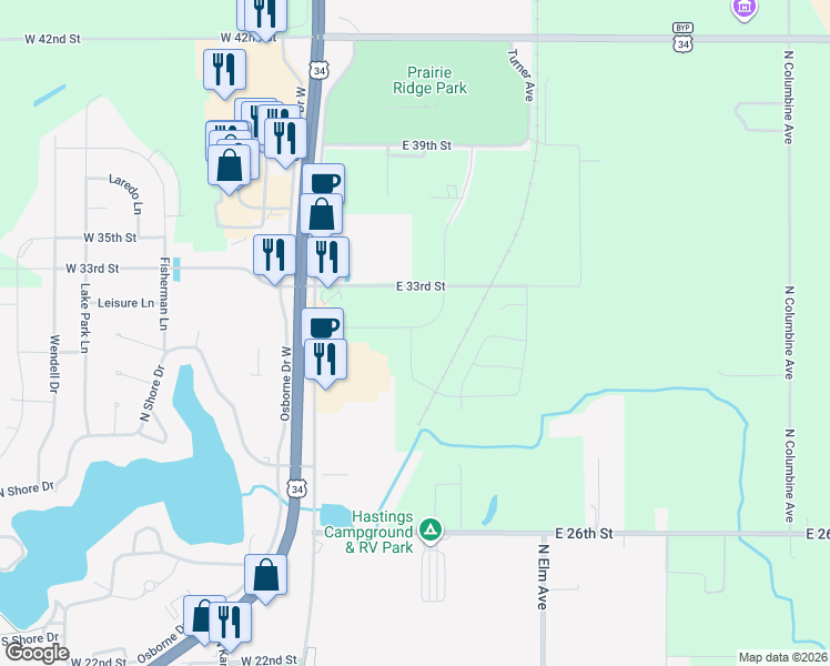 map of restaurants, bars, coffee shops, grocery stores, and more near 3000 Osborne Drive East in Hastings