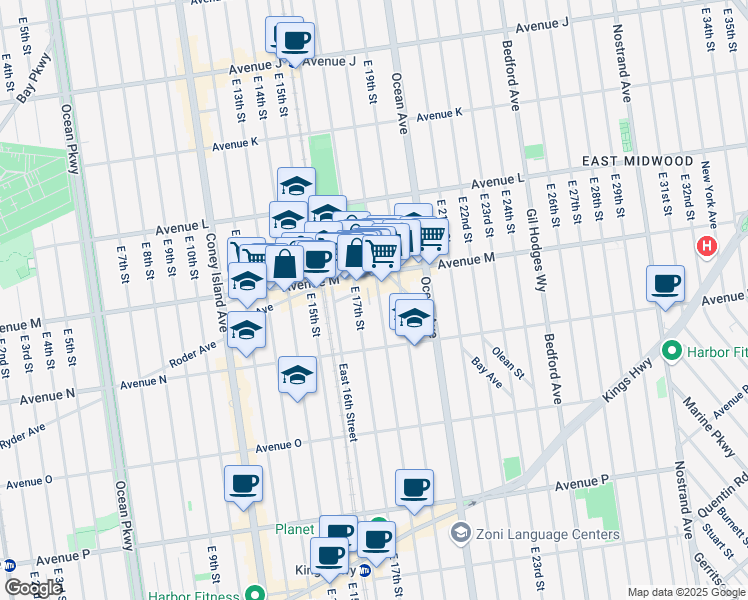 map of restaurants, bars, coffee shops, grocery stores, and more near 1350 East 18th Street in Brooklyn