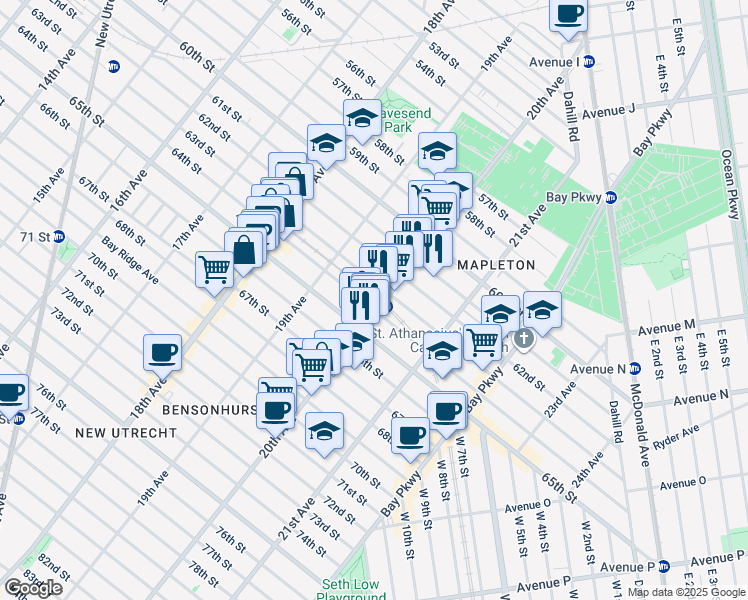 map of restaurants, bars, coffee shops, grocery stores, and more near 1967 65th Street in Brooklyn
