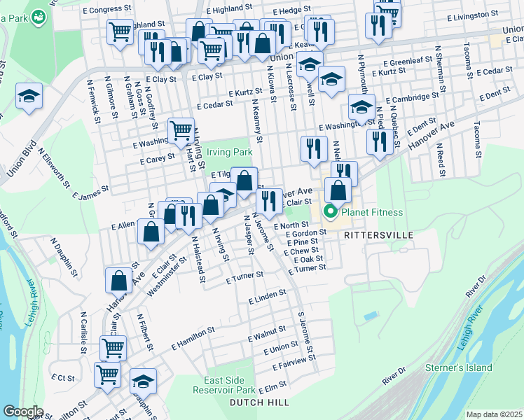 map of restaurants, bars, coffee shops, grocery stores, and more near 425 North Kearney Street in Allentown