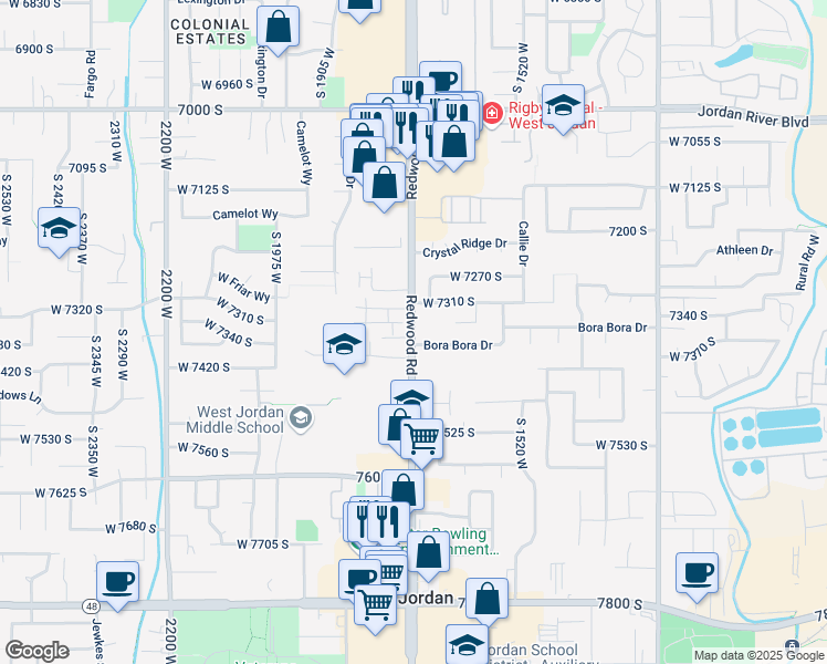 map of restaurants, bars, coffee shops, grocery stores, and more near 7390 1700 West in West Jordan