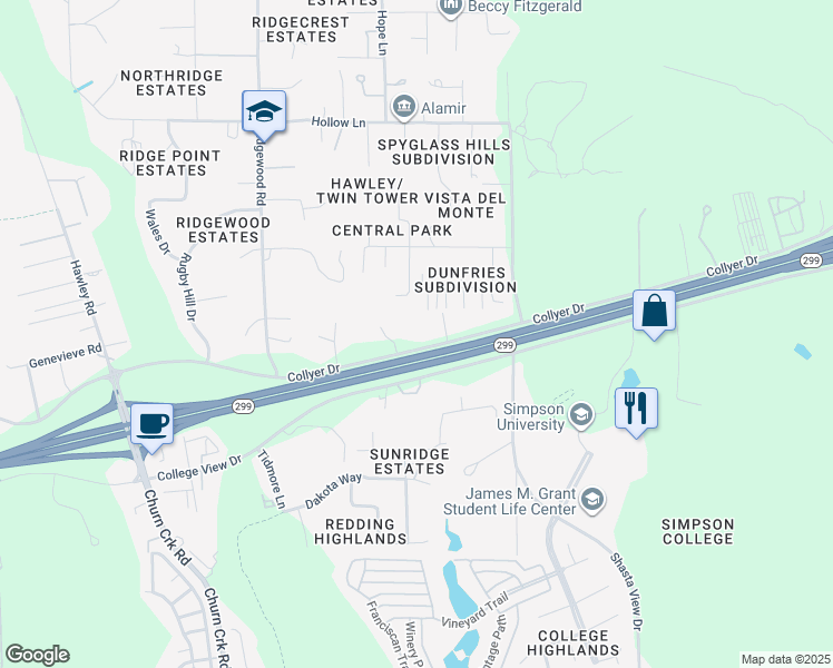 map of restaurants, bars, coffee shops, grocery stores, and more near 1786 Collyer Drive in Redding
