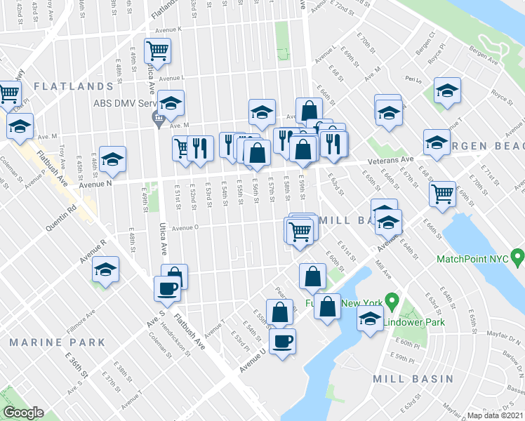 map of restaurants, bars, coffee shops, grocery stores, and more near 5613 Avenue O in Brooklyn