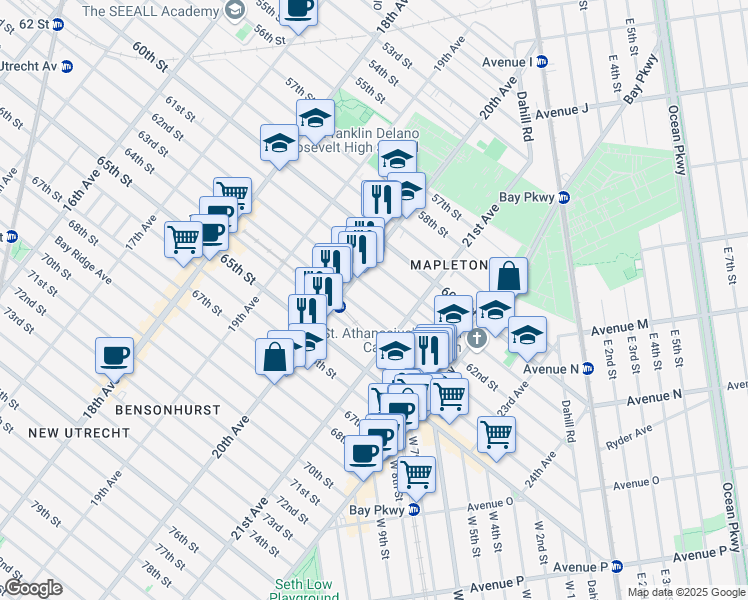 map of restaurants, bars, coffee shops, grocery stores, and more near 2057 63rd Street in Brooklyn