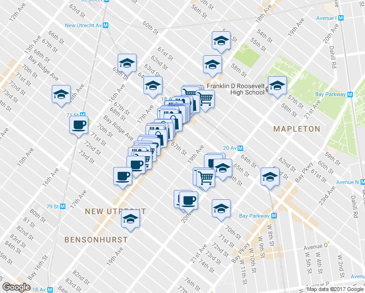 map of restaurants, bars, coffee shops, grocery stores, and more near 1842 67th Street in Brooklyn