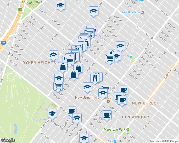map of restaurants, bars, coffee shops, grocery stores, and more near 7803 14th Avenue in Brooklyn