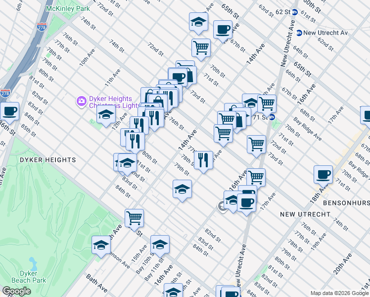 map of restaurants, bars, coffee shops, grocery stores, and more near 7803 14th Avenue in Brooklyn