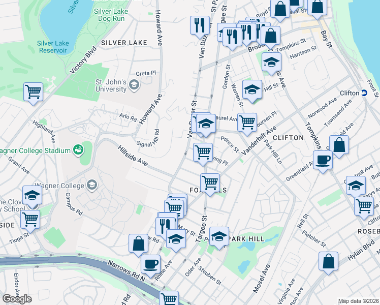 map of restaurants, bars, coffee shops, grocery stores, and more near 913 Van Duzer Street in Staten Island
