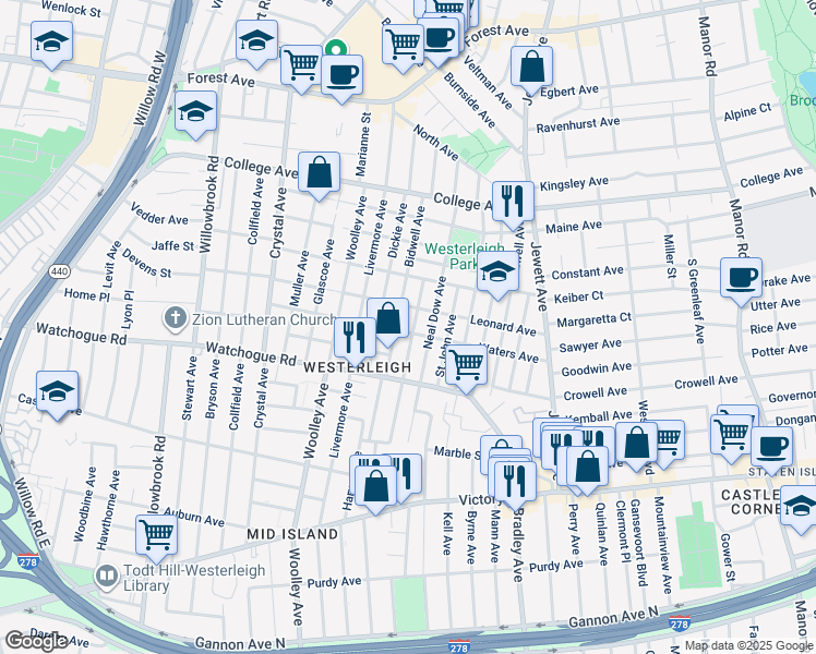 map of restaurants, bars, coffee shops, grocery stores, and more near 274 Neal Dow Avenue in Staten Island