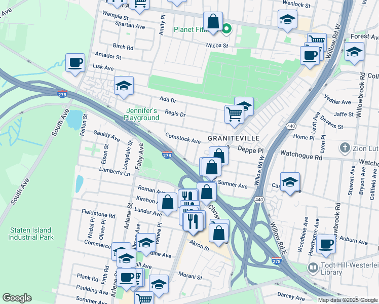 map of restaurants, bars, coffee shops, grocery stores, and more near 66 Domain Street in Staten Island