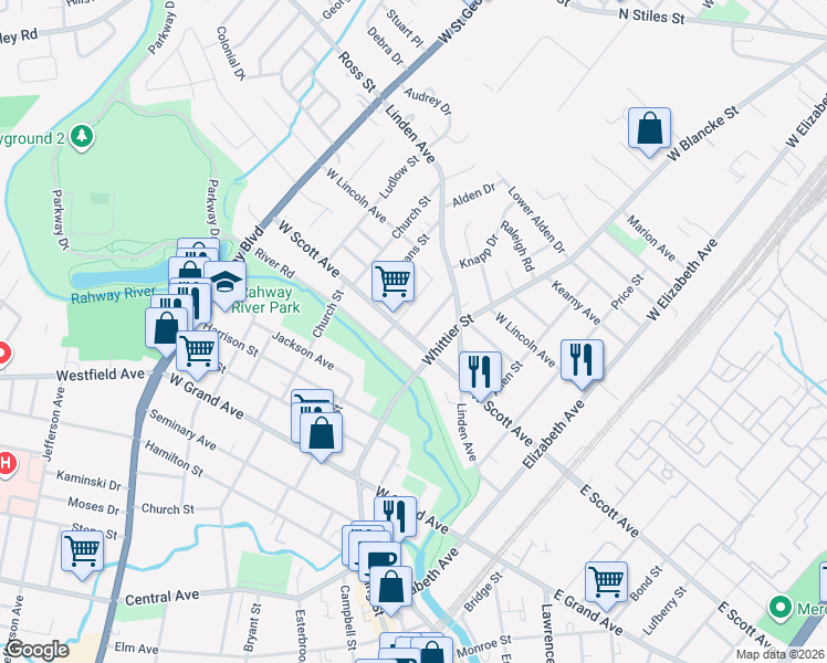 map of restaurants, bars, coffee shops, grocery stores, and more near 451 River Road in Rahway