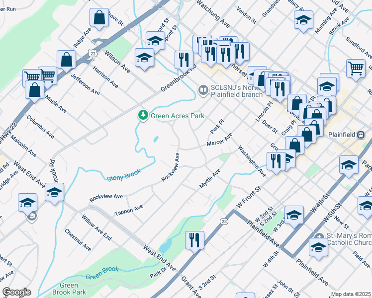 map of restaurants, bars, coffee shops, grocery stores, and more near 69 Rockview Avenue in North Plainfield