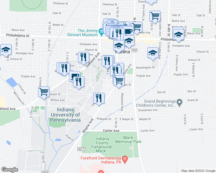 map of restaurants, bars, coffee shops, grocery stores, and more near 750 Locust Street in Indiana