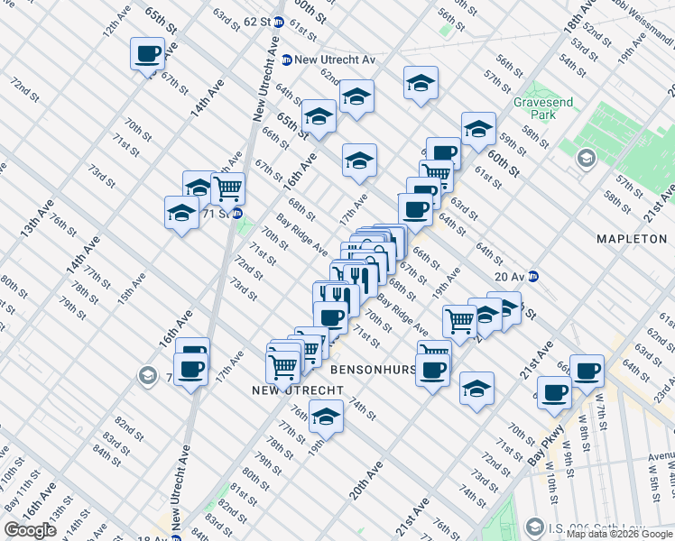 map of restaurants, bars, coffee shops, grocery stores, and more near 1764 Bay Ridge Avenue in Brooklyn