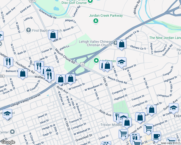 map of restaurants, bars, coffee shops, grocery stores, and more near 1335 North 16th Street in Allentown