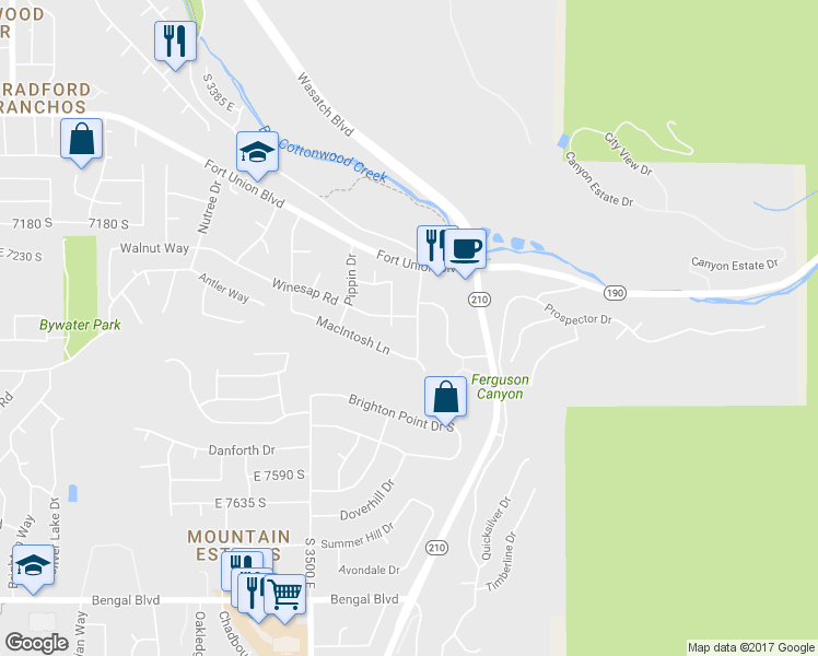 map of restaurants, bars, coffee shops, grocery stores, and more near 7342 Racquet Club Drive in Cottonwood Heights