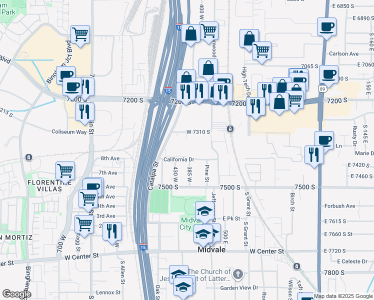 map of restaurants, bars, coffee shops, grocery stores, and more near 7346 South Sideline Lane in Midvale