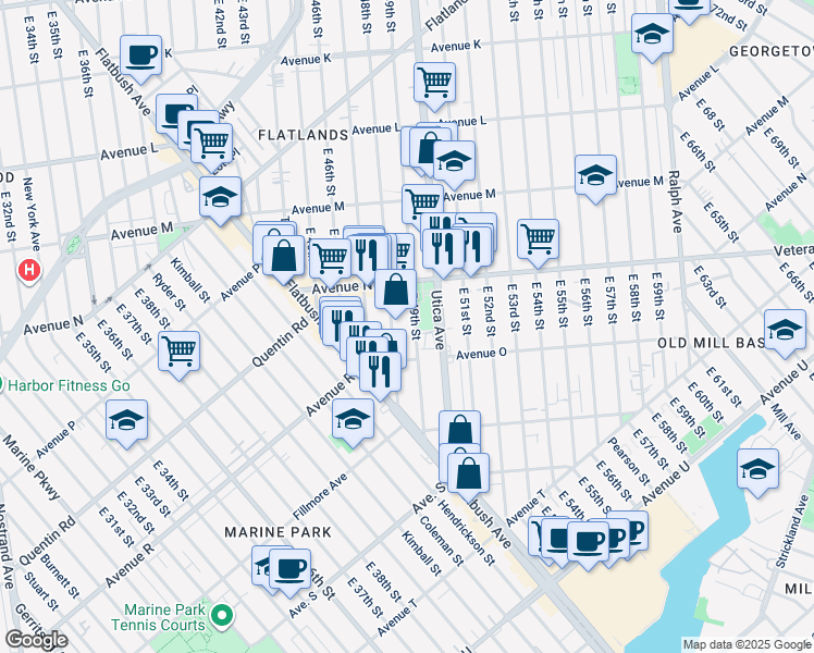 map of restaurants, bars, coffee shops, grocery stores, and more near 1794 East 49th Street in Brooklyn