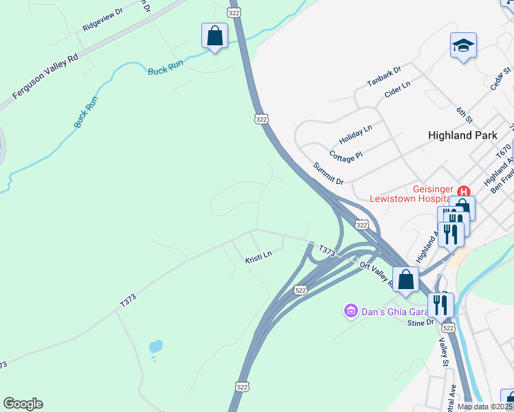 map of restaurants, bars, coffee shops, grocery stores, and more near 225 Cornfield Circle in Lewistown