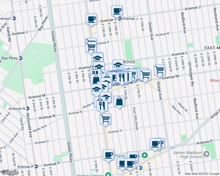map of restaurants, bars, coffee shops, grocery stores, and more near 1216 Elm Avenue in Brooklyn