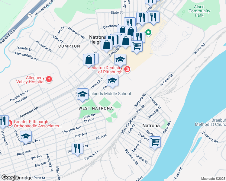 map of restaurants, bars, coffee shops, grocery stores, and more near 1500 Pacific Avenue in Natrona Heights
