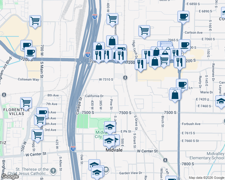 map of restaurants, bars, coffee shops, grocery stores, and more near 7346 Cottonwood Street in Midvale