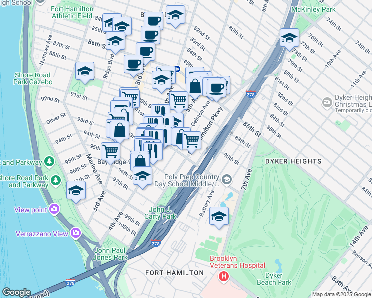 map of restaurants, bars, coffee shops, grocery stores, and more near 9040 Fort Hamilton Parkway in Brooklyn