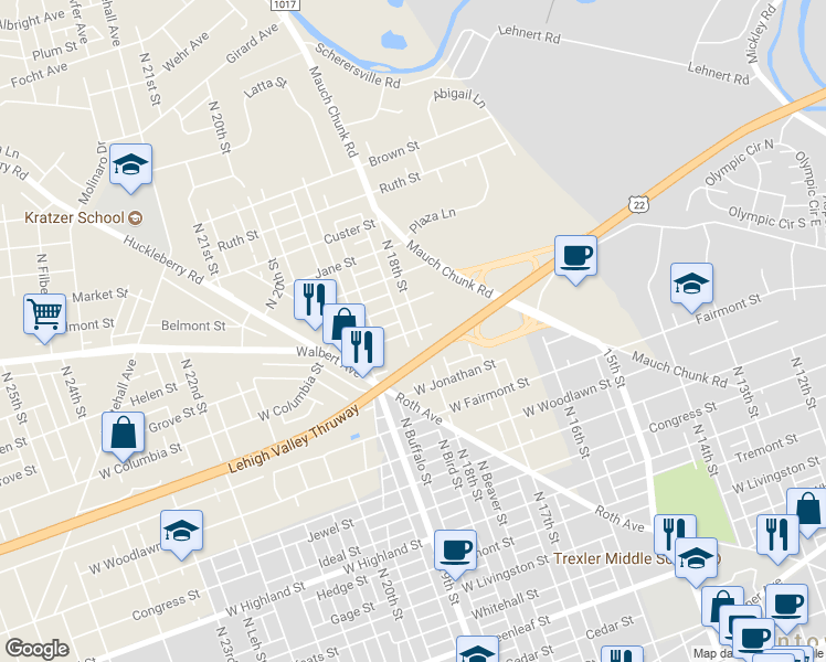map of restaurants, bars, coffee shops, grocery stores, and more near 1804 Frankenfield Street in Allentown