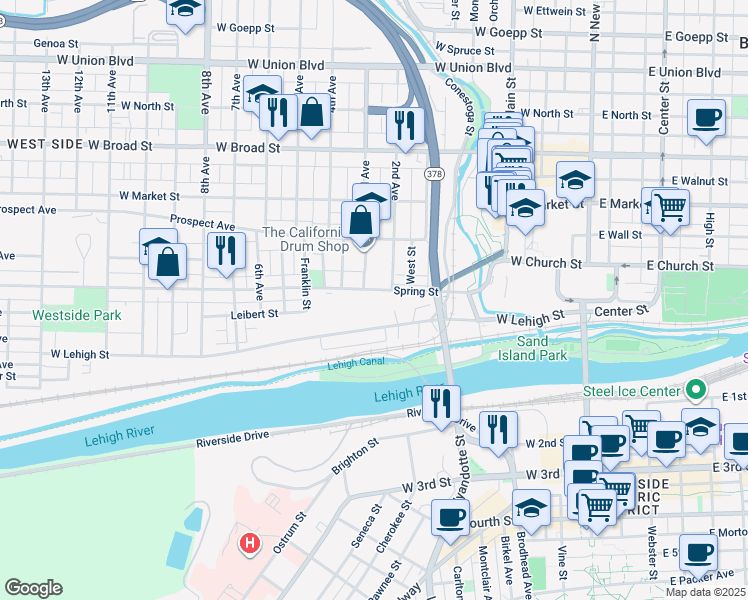 map of restaurants, bars, coffee shops, grocery stores, and more near 251 Spring Street in Bethlehem