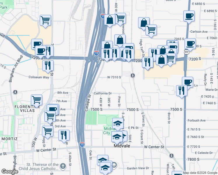 map of restaurants, bars, coffee shops, grocery stores, and more near 7343 South Sideline Lane in Midvale