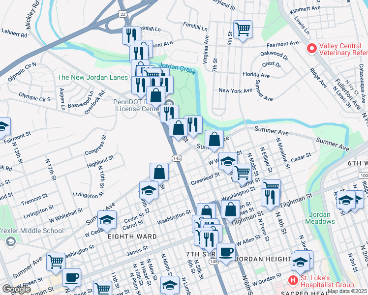 map of restaurants, bars, coffee shops, grocery stores, and more near 655 Sumner Avenue in Allentown