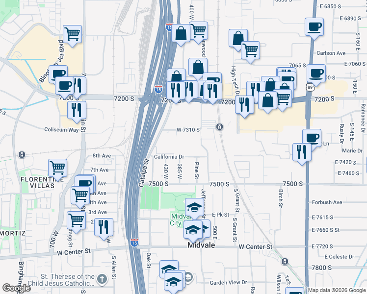 map of restaurants, bars, coffee shops, grocery stores, and more near 7344 South Seven Tree Lane in Midvale