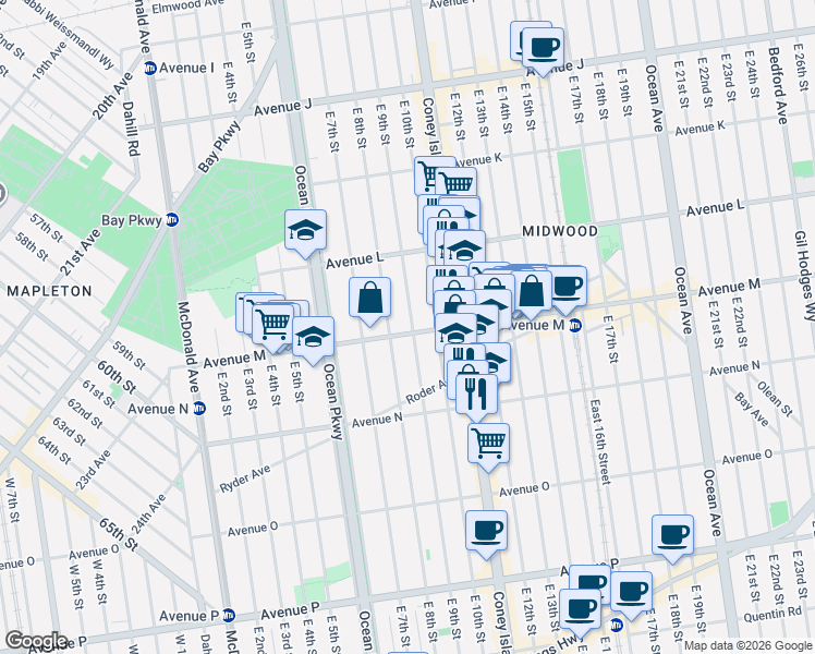 map of restaurants, bars, coffee shops, grocery stores, and more near 1309 East 8th Street in Brooklyn