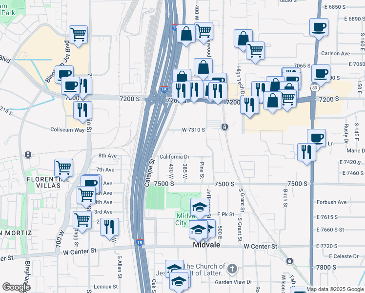 map of restaurants, bars, coffee shops, grocery stores, and more near 7342 South Sideline Lane in Midvale