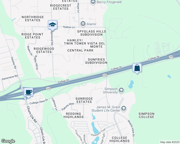 map of restaurants, bars, coffee shops, grocery stores, and more near 1786 Collyer Drive in Redding
