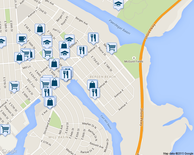 map of restaurants, bars, coffee shops, grocery stores, and more near 2249 East 70th Street in Brooklyn