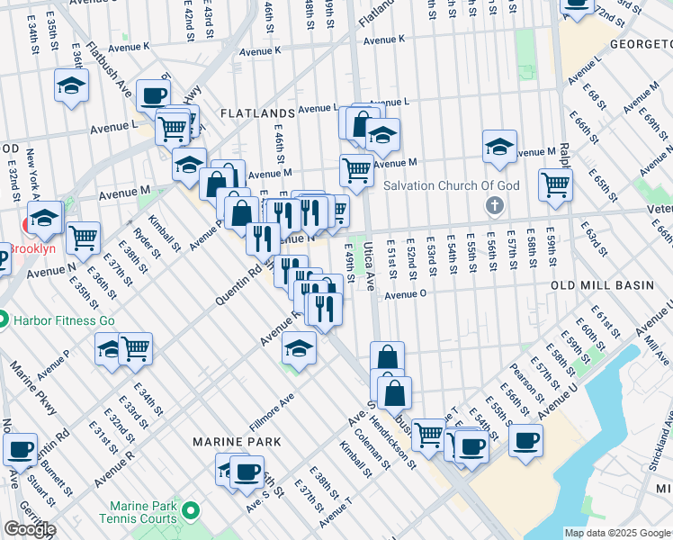map of restaurants, bars, coffee shops, grocery stores, and more near 1784 East 48th Street in Brooklyn