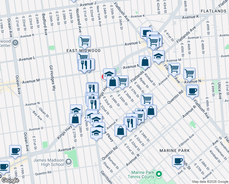 map of restaurants, bars, coffee shops, grocery stores, and more near 1518 East 35th Street in Brooklyn