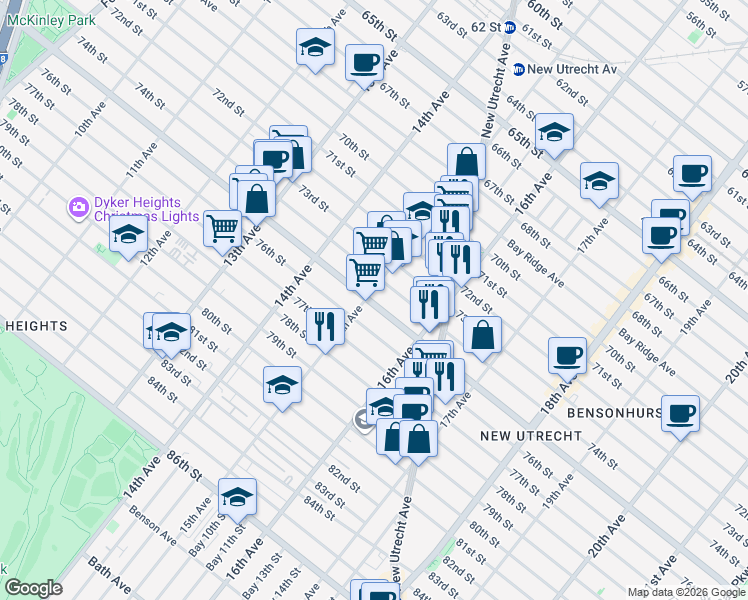 map of restaurants, bars, coffee shops, grocery stores, and more near 1526 Bay Ridge Parkway in Brooklyn