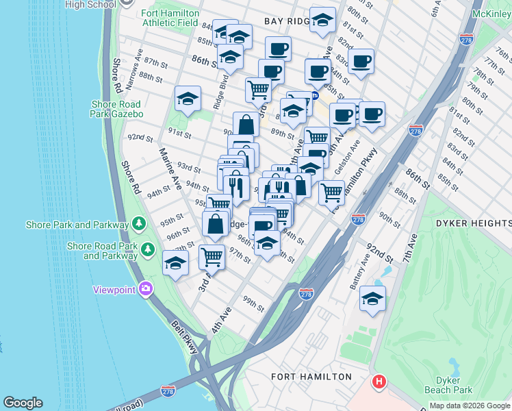 map of restaurants, bars, coffee shops, grocery stores, and more near 329 95th Street in Brooklyn