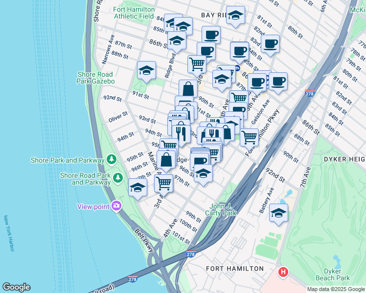 map of restaurants, bars, coffee shops, grocery stores, and more near 329 95th Street in Brooklyn