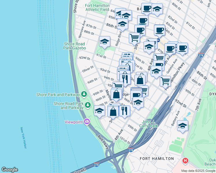map of restaurants, bars, coffee shops, grocery stores, and more near 211 96th Street in Brooklyn