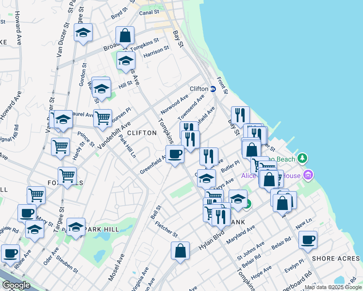 map of restaurants, bars, coffee shops, grocery stores, and more near 144 Greenfield Avenue in Staten Island
