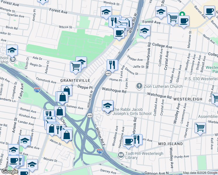 map of restaurants, bars, coffee shops, grocery stores, and more near 6 Canterbury Avenue in Staten Island