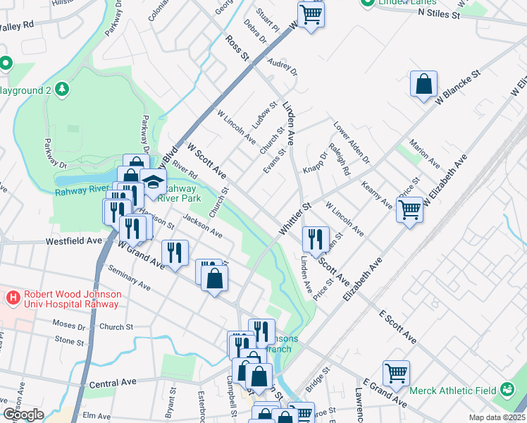 map of restaurants, bars, coffee shops, grocery stores, and more near 451 River Road in Rahway